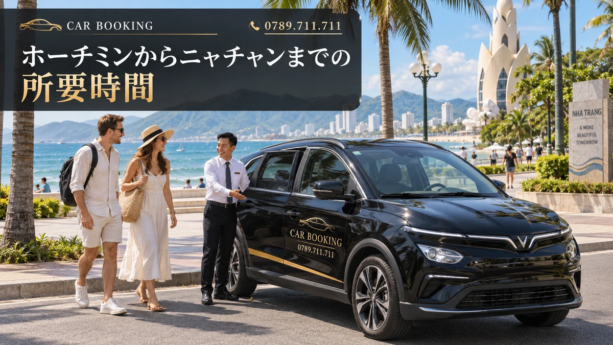 ホーチミンからニャチャンまでの所要時間：記事タイトル入り、車で旅する旅行者の別イメージ