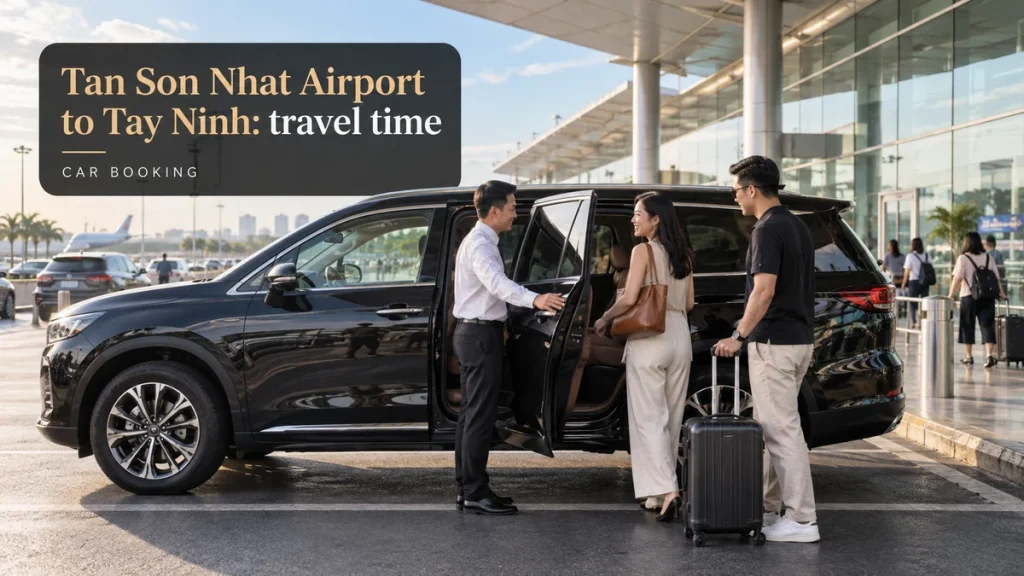 Tan Son Nhat Airport to Tay Ninh travel time — illustration of a private car and travellers on the Tay Ninh route