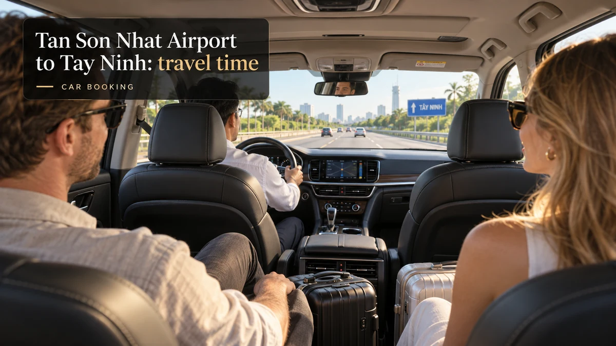 Tan Son Nhat Airport to Tay Ninh travel time — illustration of travellers inside a private car to Tay Ninh
