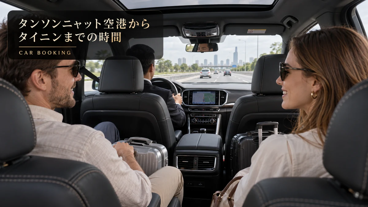 タンソンニャット空港からタイニンまでの時間：タイニン方面へ向かう車内と旅行者のイメージ