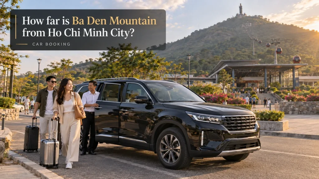 Ho Chi Minh City to Ba Den Mountain distance — illustration of a private car and travellers on the Tay Ninh route