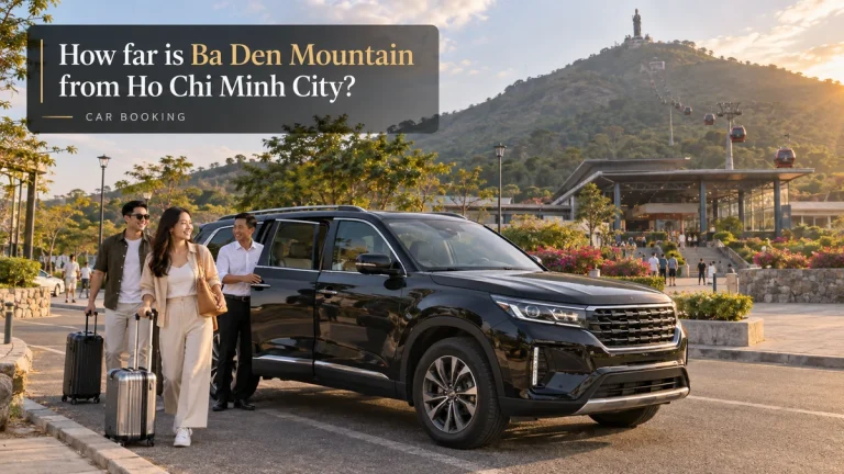 Ho Chi Minh City to Ba Den Mountain distance — illustration of a private car and travellers on the Tay Ninh route