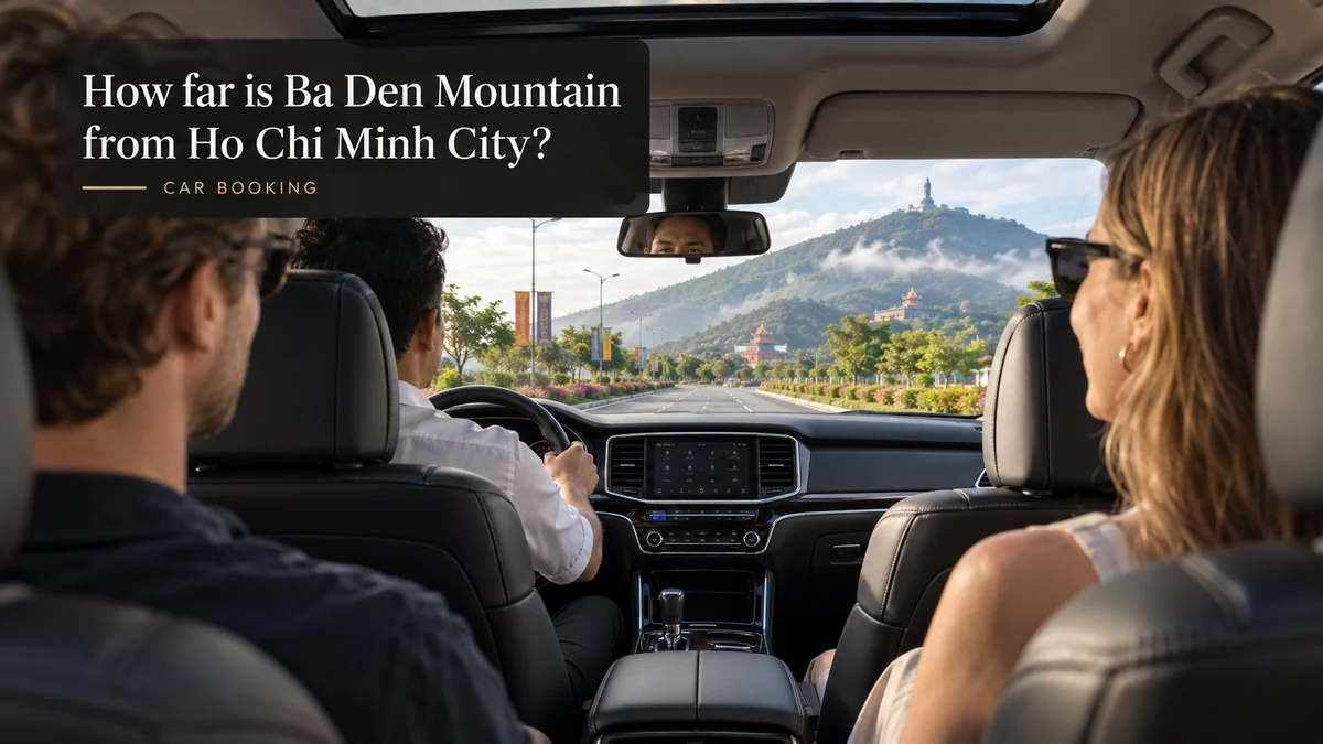 Ho Chi Minh City to Ba Den Mountain distance — illustration of travellers inside a private car to Tay Ninh
