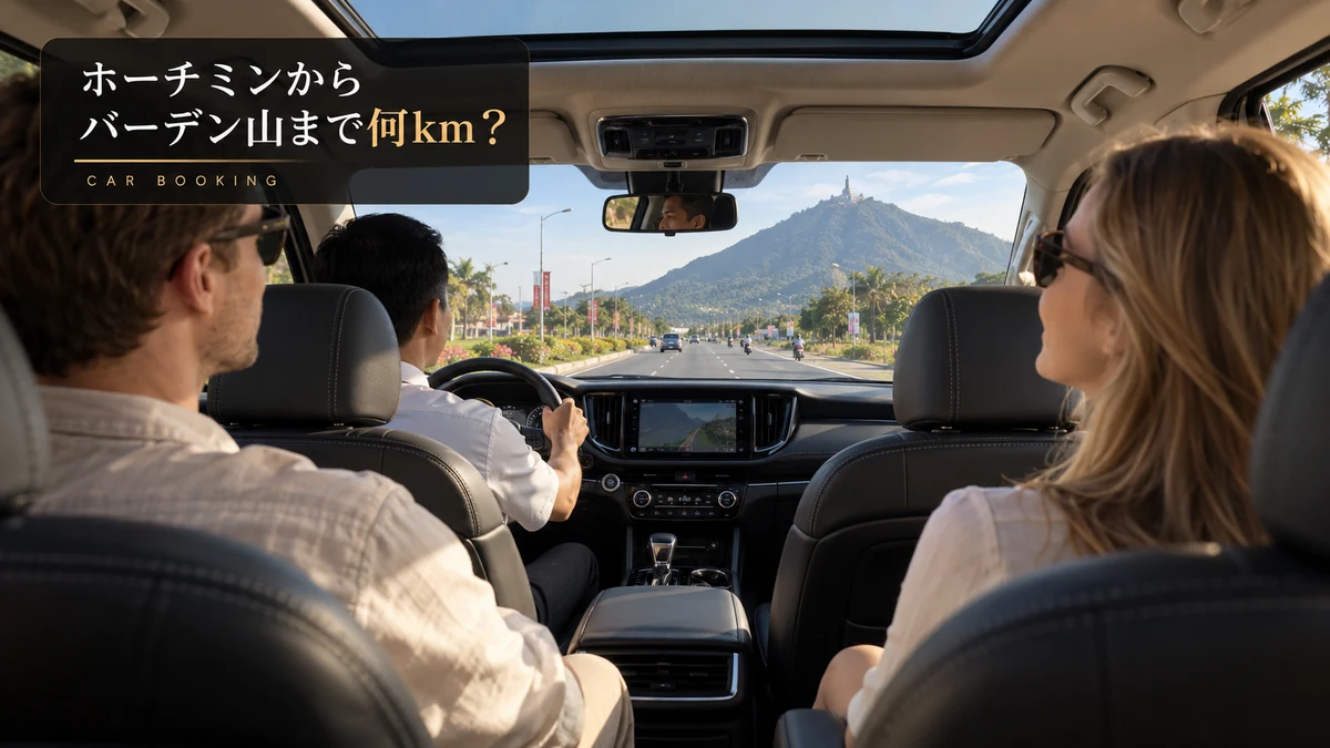 ホーチミンからバーデン山までの距離：タイニン方面へ向かう車内と旅行者のイメージ