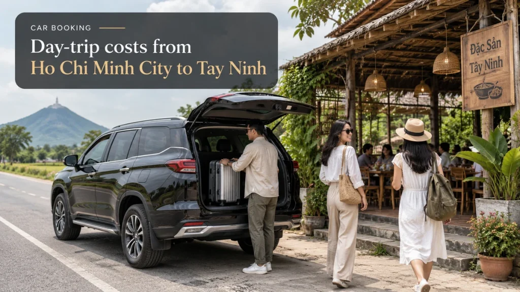 Tay Ninh day-trip costs — illustration of a private car and travellers on the Tay Ninh route