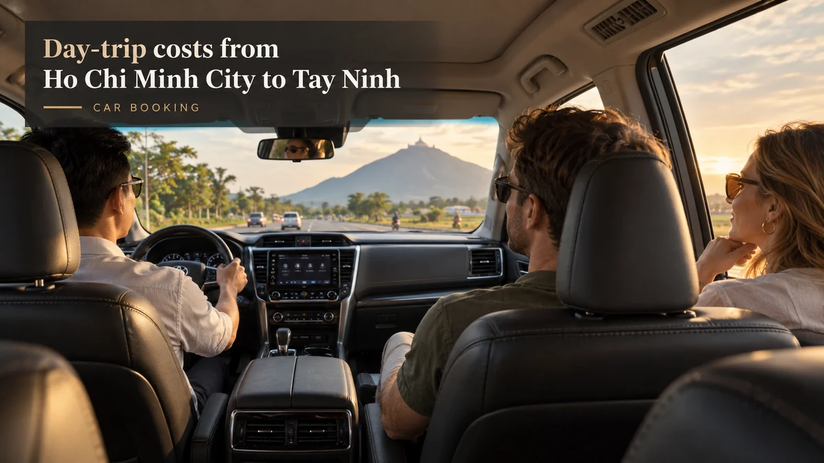 Tay Ninh day-trip costs — illustration of travellers inside a private car to Tay Ninh