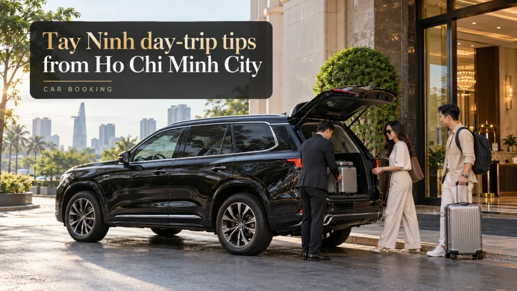 Tay Ninh day-trip tips — illustration of a private car and travellers on the Tay Ninh route
