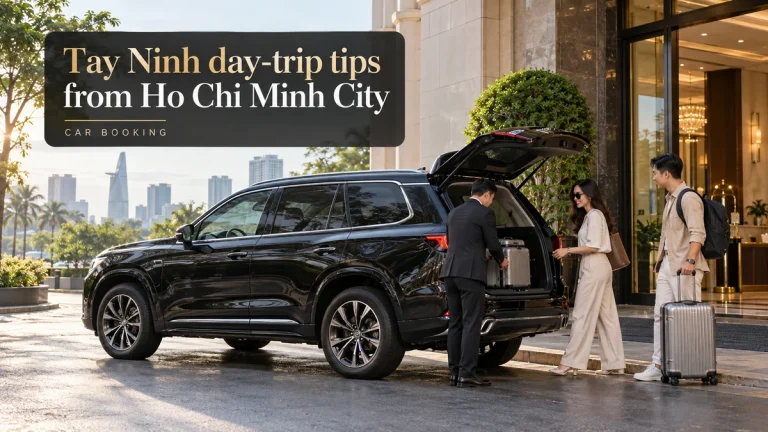 Tay Ninh day-trip tips — illustration of a private car and travellers on the Tay Ninh route