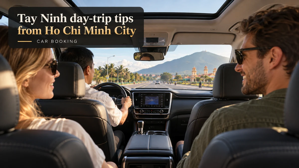 Tay Ninh day-trip tips — illustration of travellers inside a private car to Tay Ninh