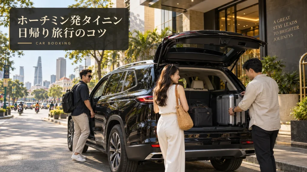 タイニン日帰り旅行のコツ：タイニン方面の車と旅行者を描いたイメージ