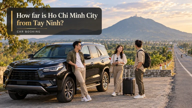 Ho Chi Minh City to Tay Ninh distance — illustration of a private car and travellers on the Tay Ninh route