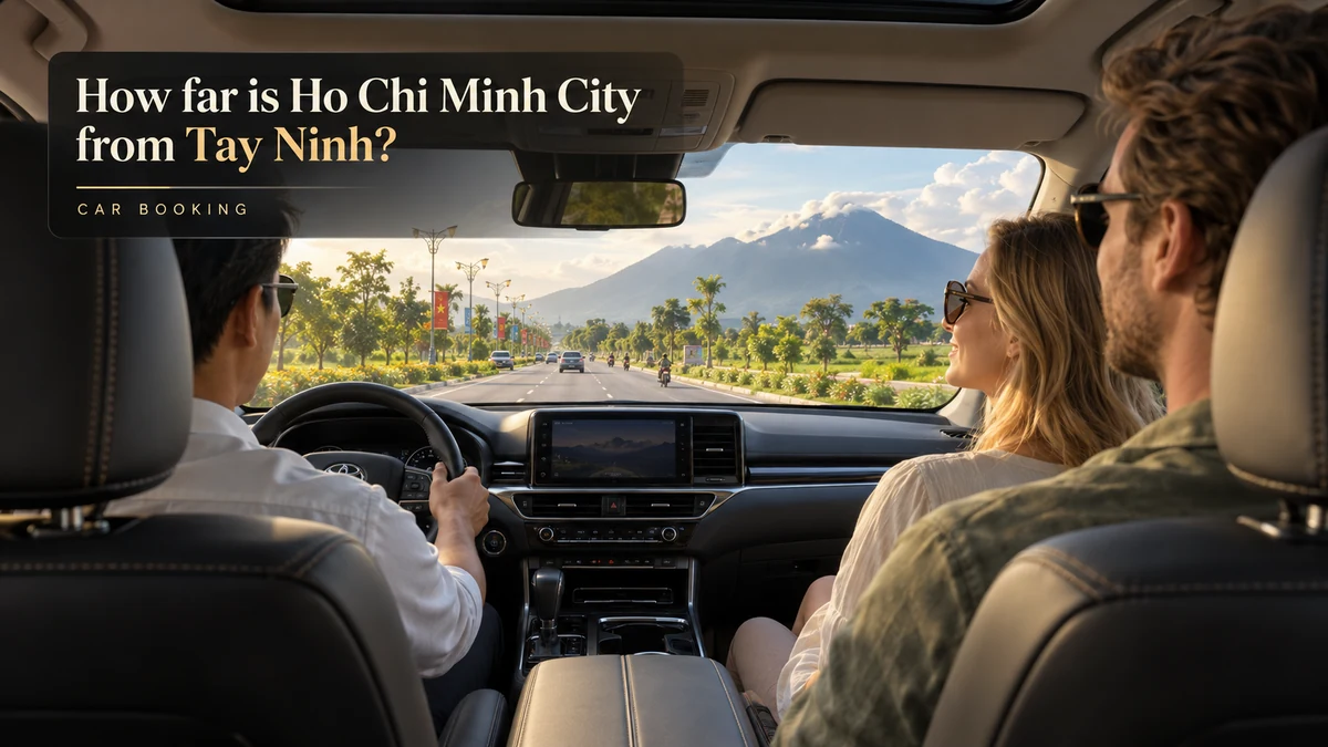 Ho Chi Minh City to Tay Ninh distance — illustration of travellers inside a private car to Tay Ninh