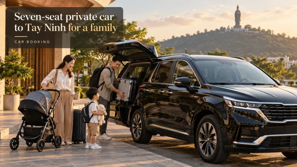 seven-seat private car to Tay Ninh — illustration of a private car and travellers on the Tay Ninh route