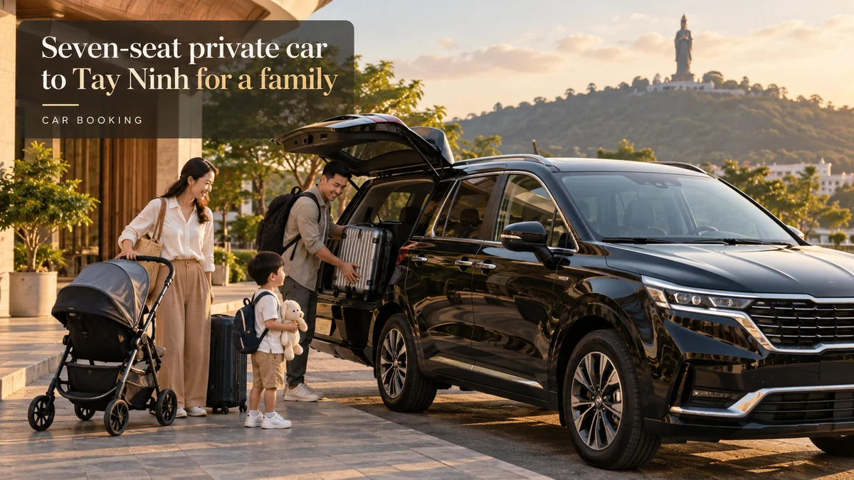 seven-seat private car to Tay Ninh — illustration of a private car and travellers on the Tay Ninh route