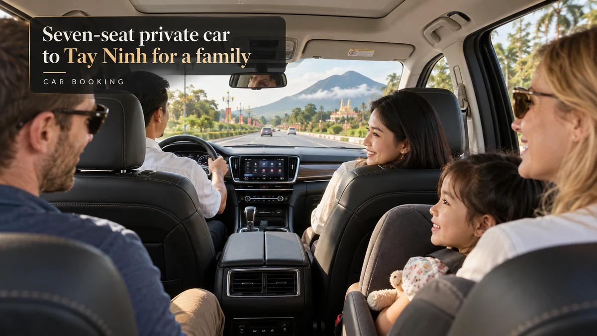 seven-seat private car to Tay Ninh — illustration of travellers inside a private car to Tay Ninh