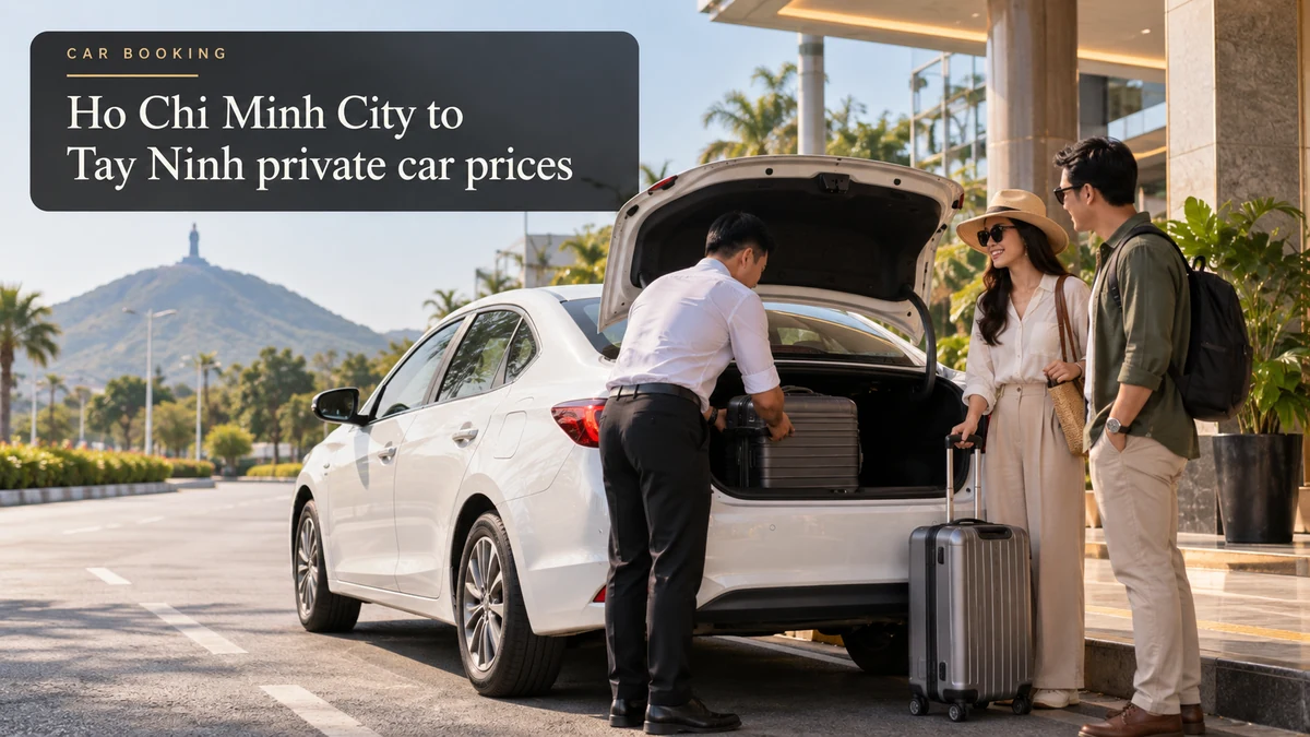 Ho Chi Minh City to Tay Ninh private car prices — illustration of a private car and travellers on the Tay Ninh route
