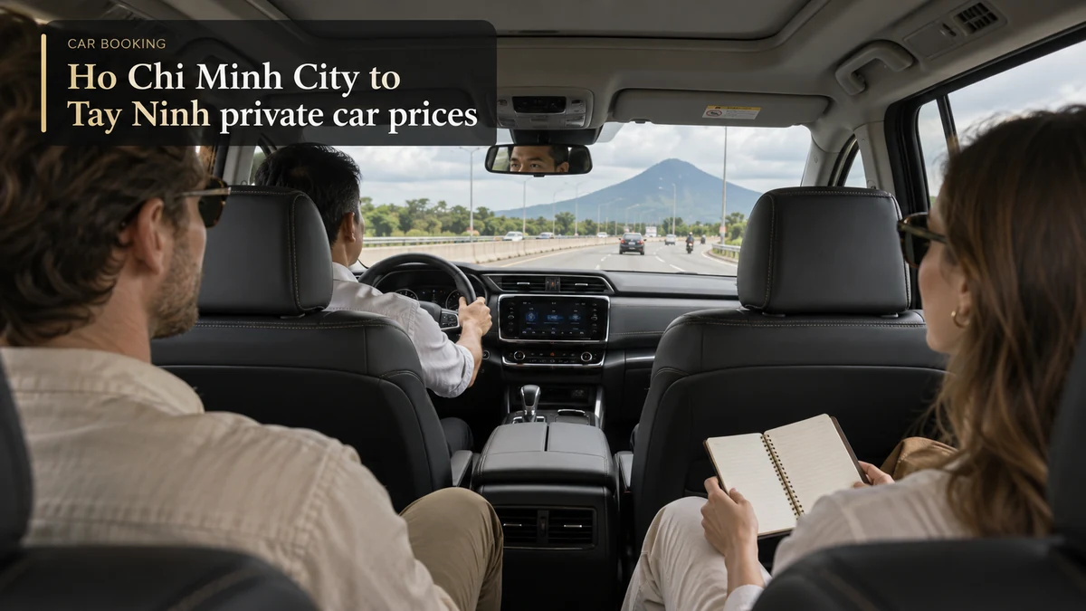 Ho Chi Minh City to Tay Ninh private car prices — illustration of travellers inside a private car to Tay Ninh