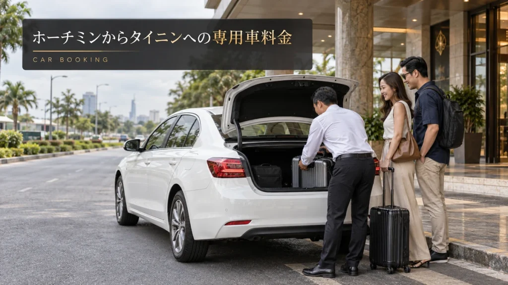 ホーチミンからタイニンへの専用車料金：タイニン方面の車と旅行者を描いたイメージ