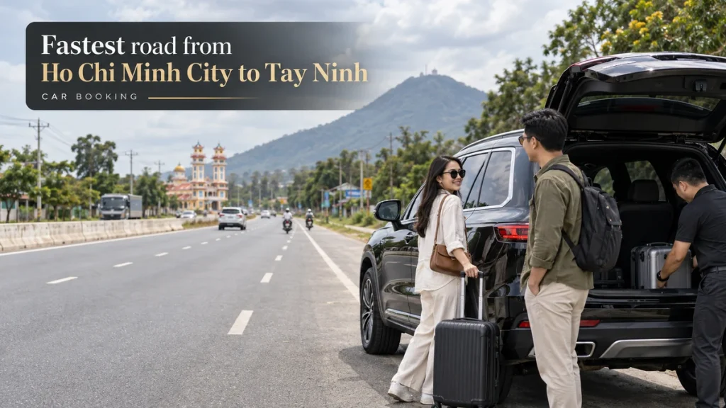 fastest road from Ho Chi Minh City to Tay Ninh — illustration of a private car and travellers on the Tay Ninh route