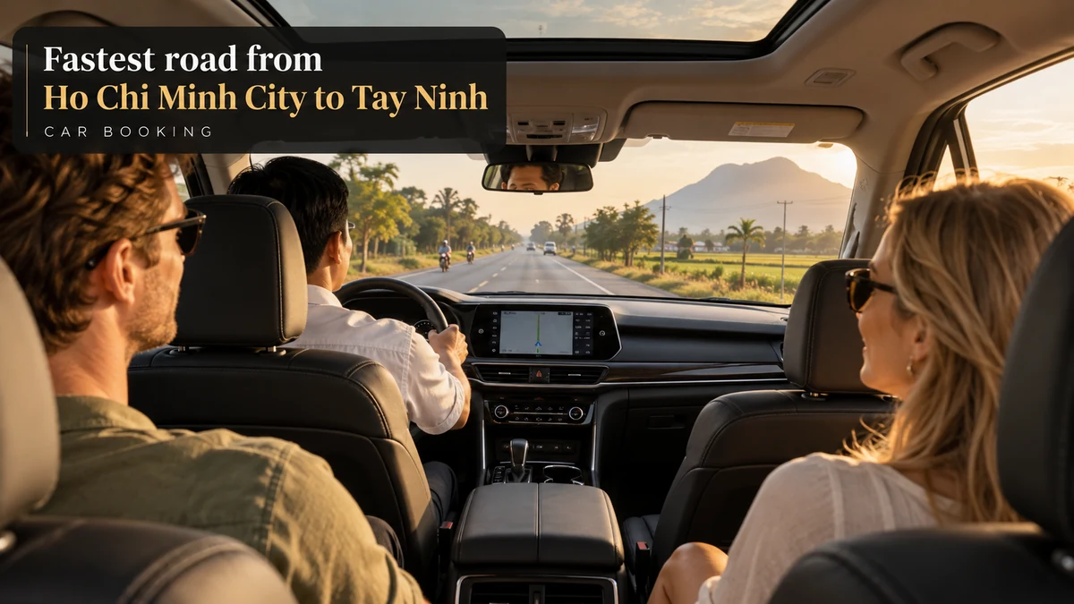 fastest road from Ho Chi Minh City to Tay Ninh — illustration of travellers inside a private car to Tay Ninh