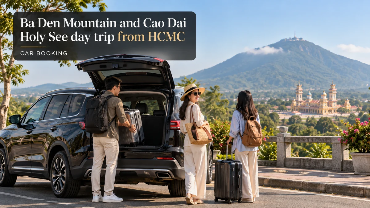Ba Den Mountain and Cao Dai Holy See day trip — illustration of a private car and travellers on the Tay Ninh route