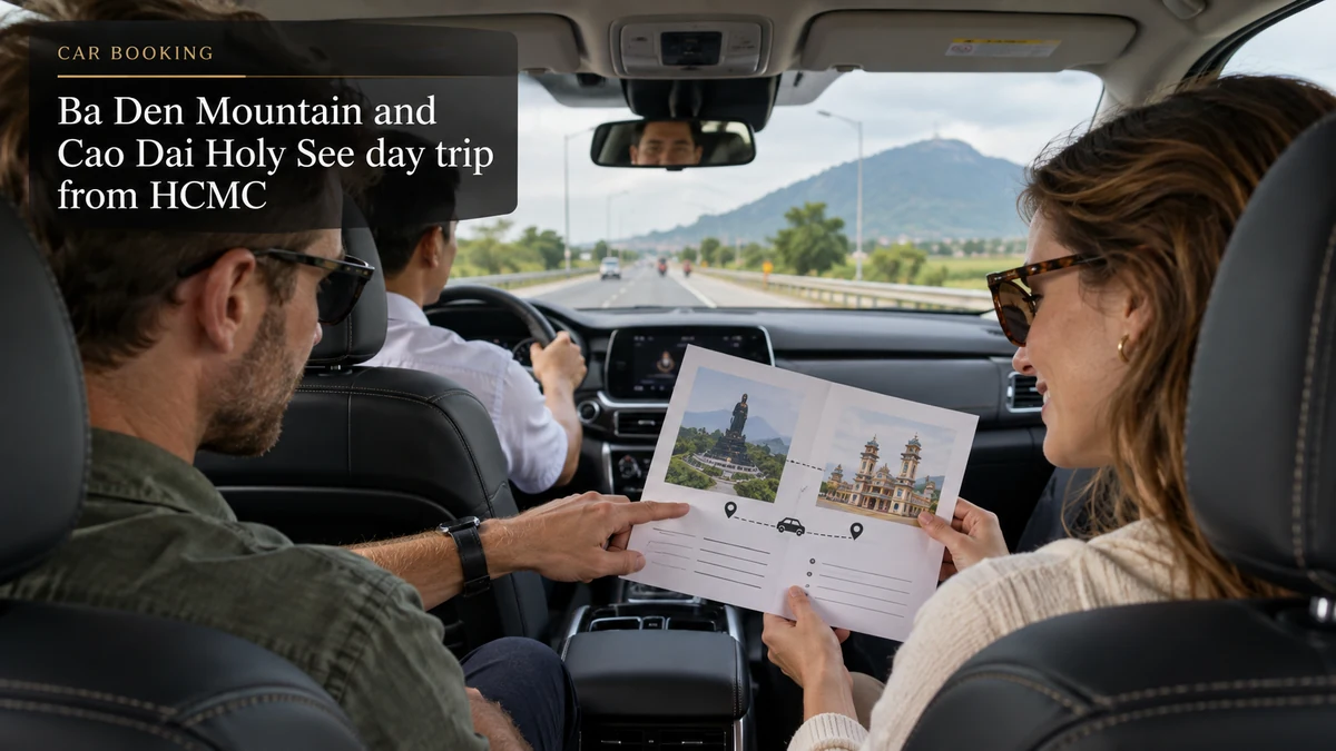 Ba Den Mountain and Cao Dai Holy See day trip — illustration of travellers inside a private car to Tay Ninh