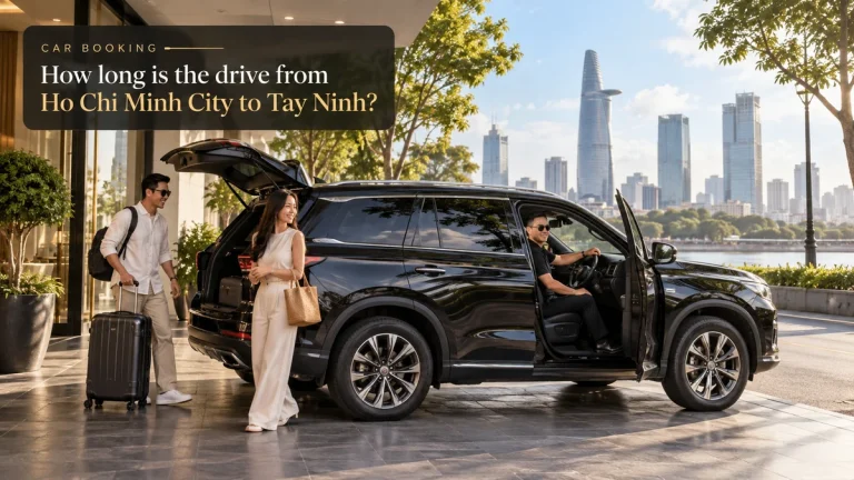 Ho Chi Minh City to Tay Ninh driving time — illustration of a private car and travellers on the Tay Ninh route