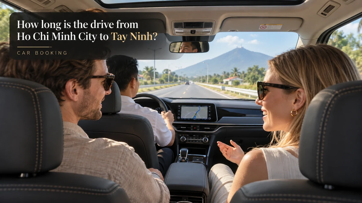 Ho Chi Minh City to Tay Ninh driving time — illustration of travellers inside a private car to Tay Ninh
