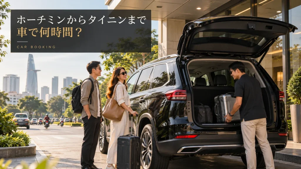 ホーチミンからタイニンまでの所要時間：タイニン方面の車と旅行者を描いたイメージ