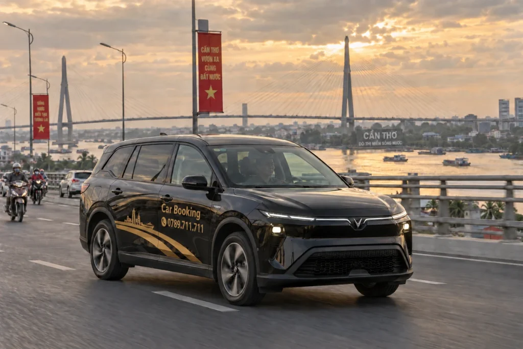 桥边城市道路上的黑色Car Booking车辆,前侧视角。