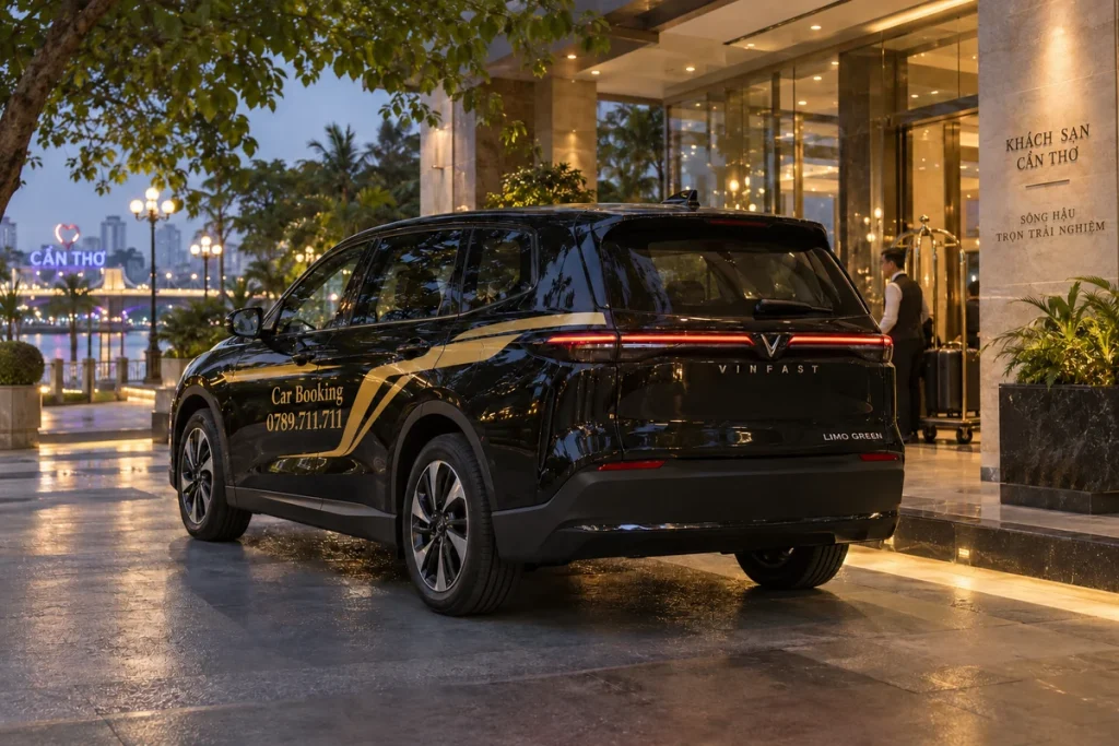 夕方のホテル玄関に停まる黒いCar Bookingの車を後方から見た場面。