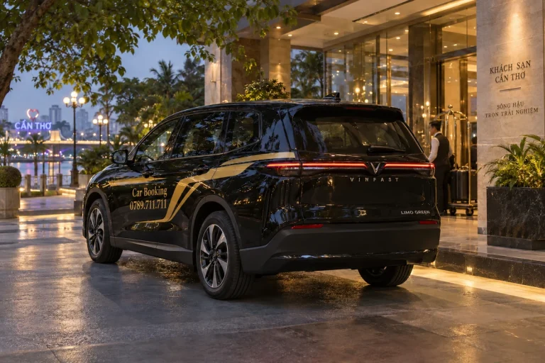 夕方のホテル玄関に停まる黒いCar Bookingの車を後方から見た場面。