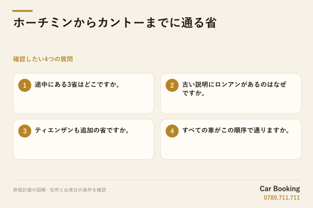 図解: ホーチミンからカントーまでに通る省 — 途中にある3省はどこですか。 · 古い説明にロンアンがあるのはなぜですか。 · ティエンザンも追加の省ですか。 · すべての車がこの順序で通りますか。