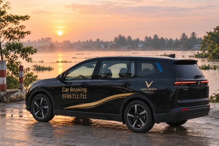 夕暮れの川沿いに停まる黒いCar Bookingの車の側面。