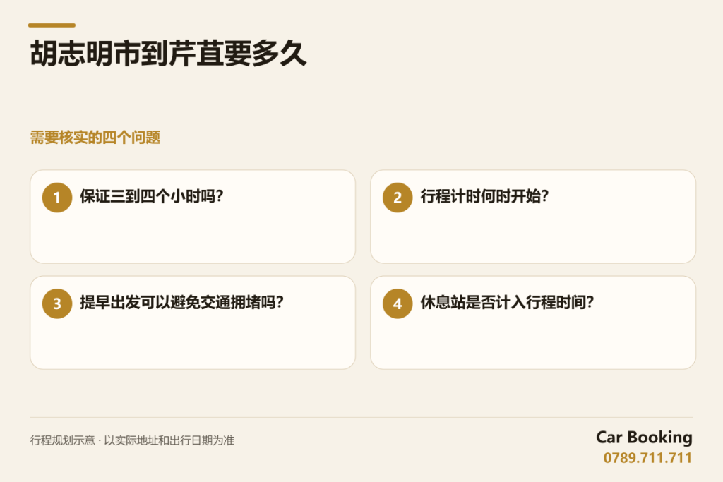 示意图: 胡志明市到芹苴要多久 — 保证三到四个小时吗？ · 行程计时何时开始？ · 提早出发可以避免交通拥堵吗？ · 休息站是否计入行程时间？