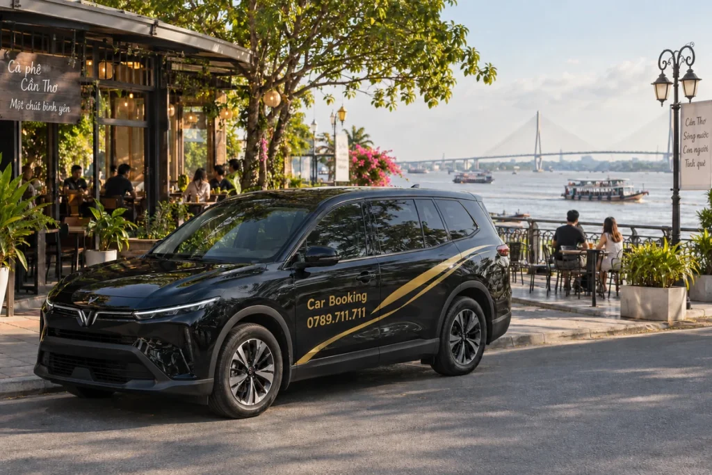 川沿いのカフェ前に停まる黒いCar Bookingの車。