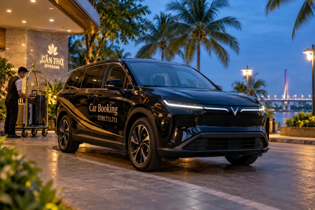 傍晚酒店门前的黑色Car Booking车辆。