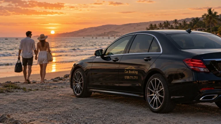 Ho Chi Minh City to Mui Ne 2-day itinerary: A couple walks along the beach at sunset beside a parked black Car Booking sedan.