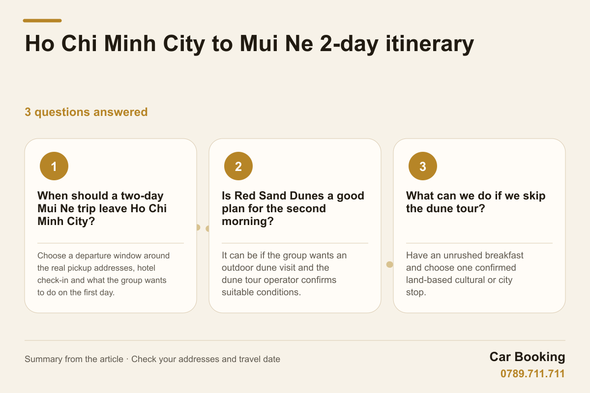Infographic: Ho Chi Minh City to Mui Ne 2-day itinerary - departure around pickup addresses, hotel check-in and planned activities.
