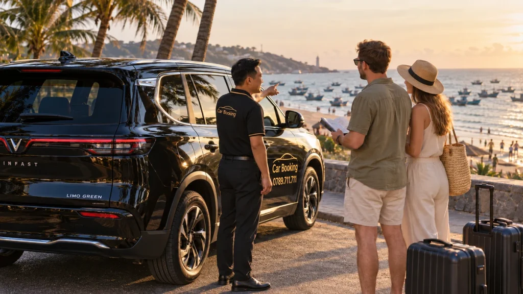 Ho Chi Minh City–Phan Thiet travel cost: illustration of driver speaking with travellers beside a black Car Booking car.