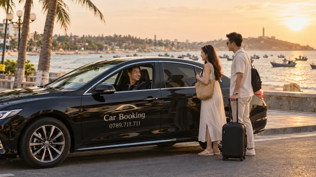 ホーチミン―ファンティエット移動費：海沿いで乗客を待つ黒いCar Booking車両のイメージ。