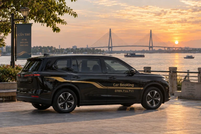 Black Car Booking vehicle parked beside a riverfront promenade at sunset.
