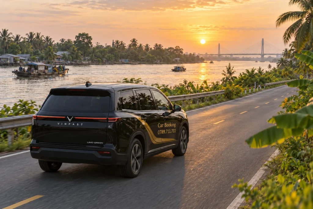 Black Car Booking vehicle driving beside a Mekong riverfront at sunrise, viewed from the rear.