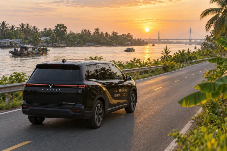 Black Car Booking vehicle driving beside a Mekong riverfront at sunrise, viewed from the rear.