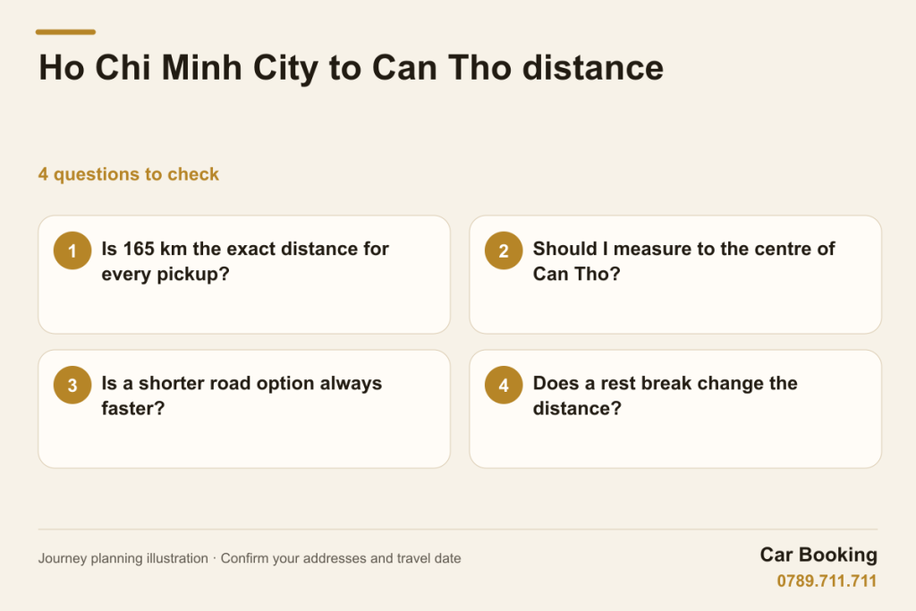 Illustrated guide: Ho Chi Minh City to Can Tho distance - four questions about endpoints, road choice and rest stops.