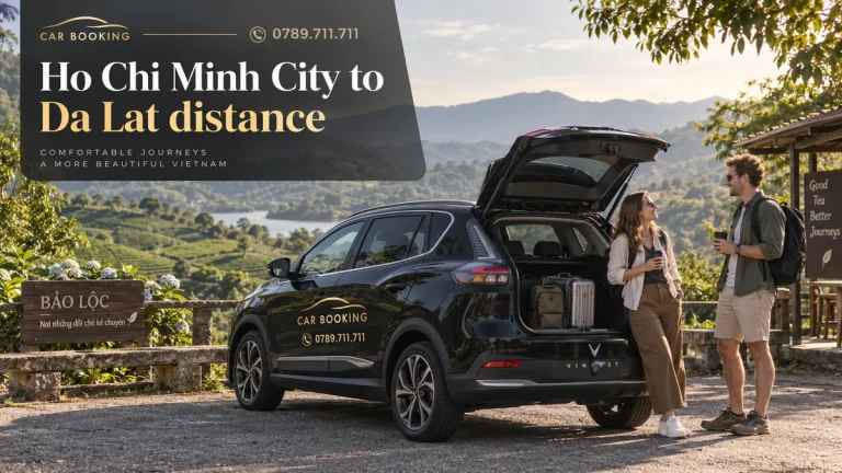 Ho Chi Minh City to Da Lat distance — article title on an illustration of a Car Booking vehicle and travellers