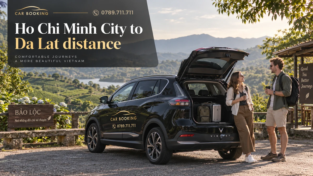 Ho Chi Minh City to Da Lat distance — article title on an illustration of a Car Booking vehicle and travellers