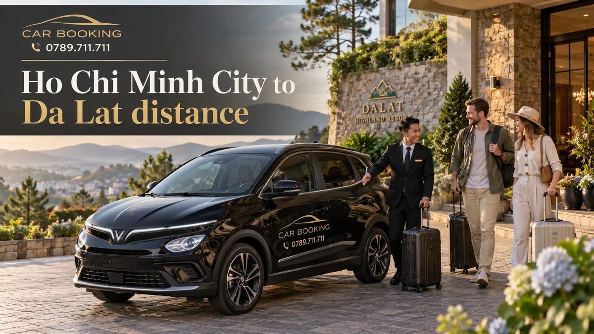 Ho Chi Minh City to Da Lat distance — article title on a separate illustration of a private car journey with travellers
