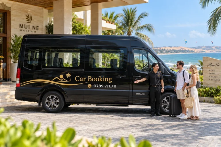 Ho Chi Minh City to Mui Ne car hire price: Travellers with suitcases meet the driver beside a black Car Booking Hyundai Solati minibus.