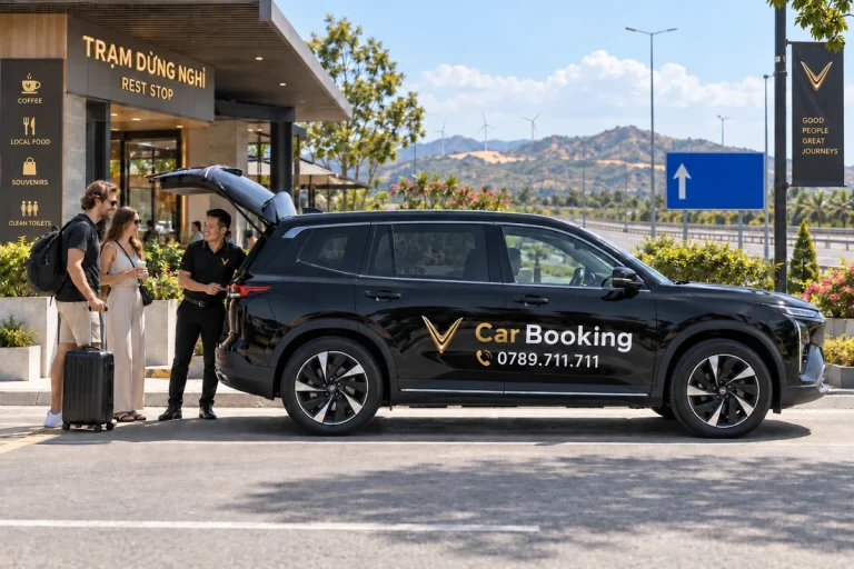 Ho Chi Minh City to Mui Ne expressway: A black Car Booking car stops at a service area while the driver and travellers handle luggage.